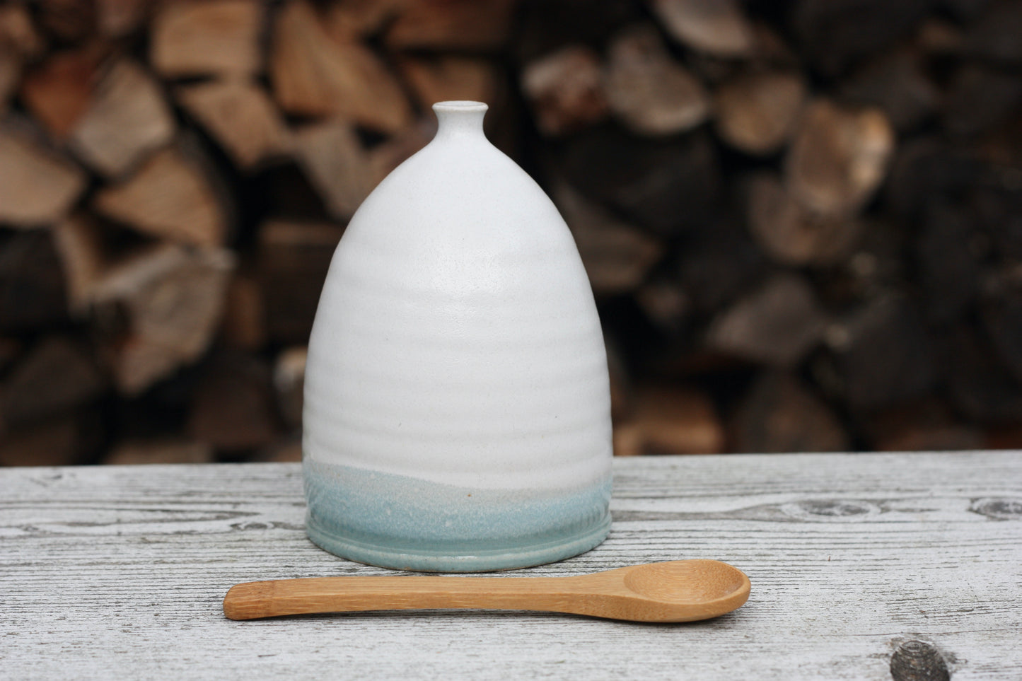 Small Salt Pig Gift Set in White with Pale Blue stripe with Cornish Sea Salt Pot and Bamboo Spoon