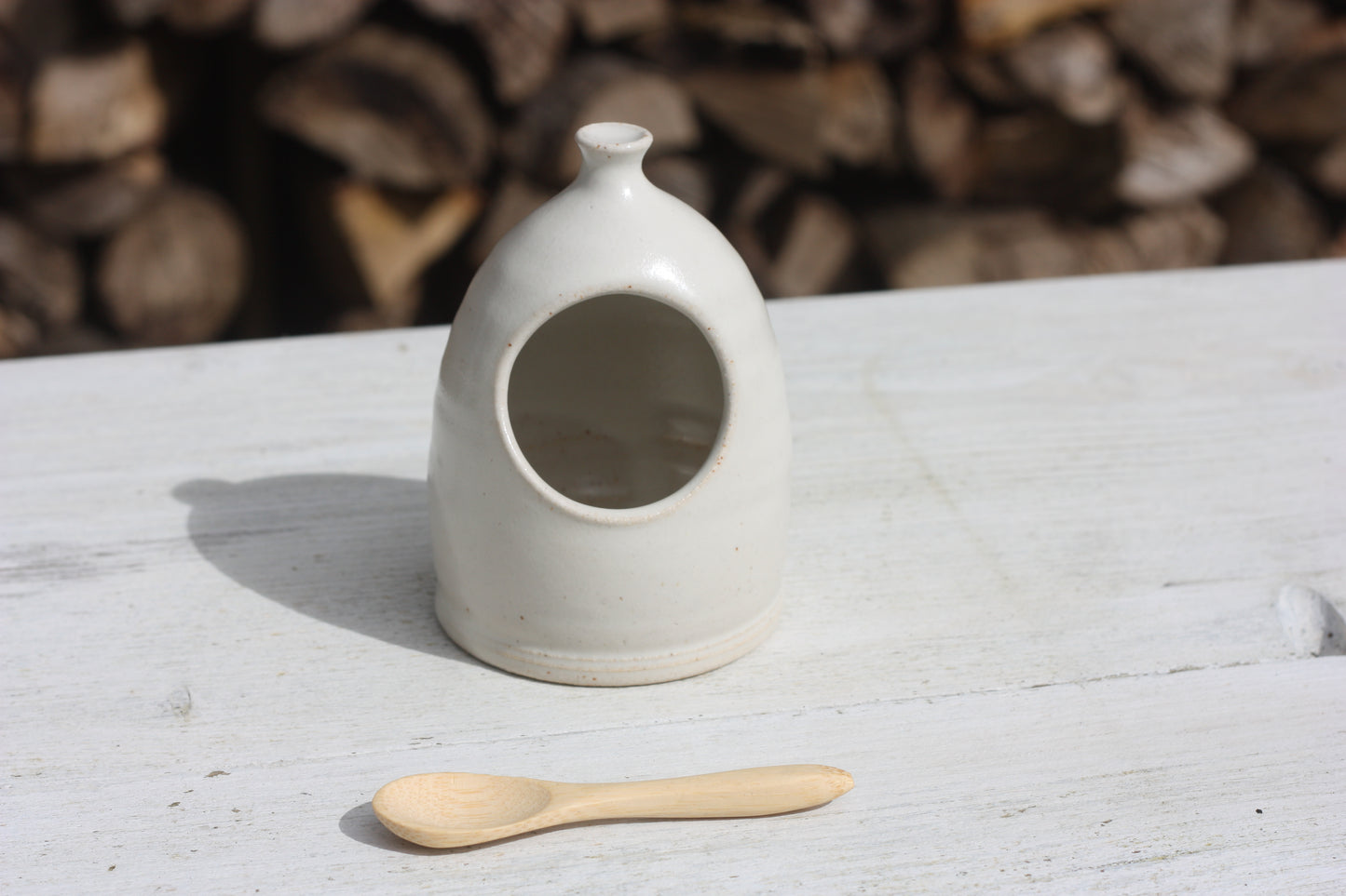 Tiny White Salt Pig and Bamboo Spoon