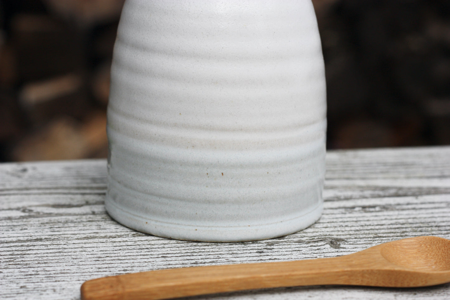 Small Salt Pig Gift Set in White with Pale Blue stripe with Cornish Sea Salt Pot and Bamboo Spoon