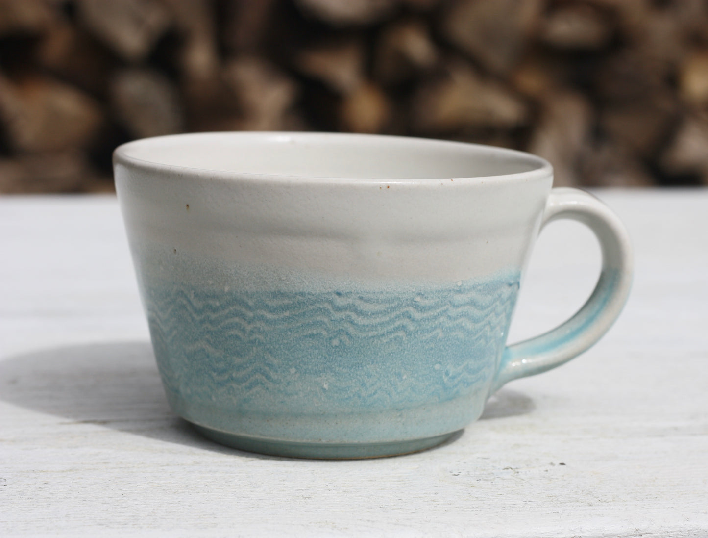 Cornish waves glazed Mug 12oz 350ml Medium Mug in Blue and White Glaze