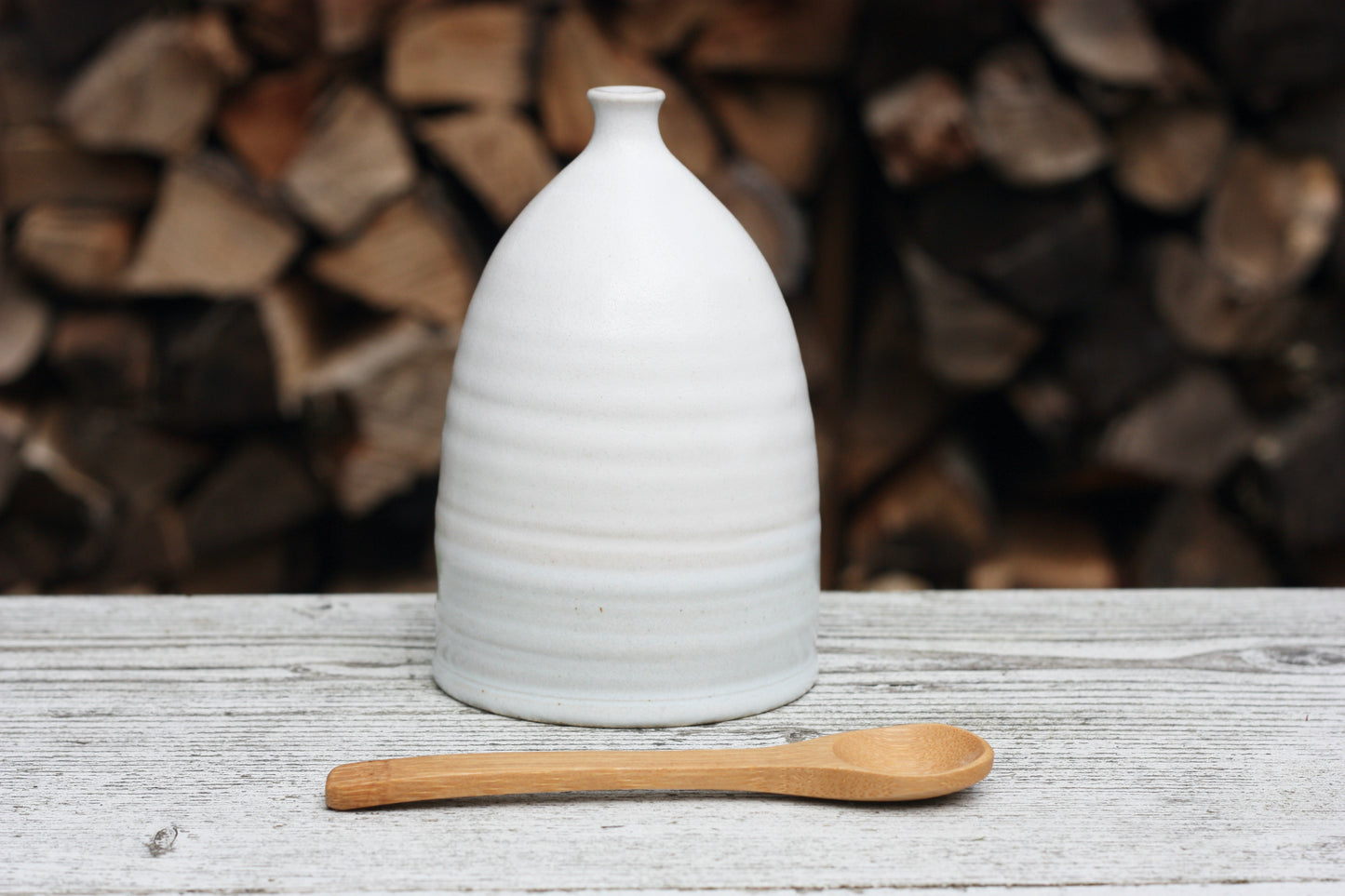 Small Salt Pig Gift Set in White with Pale Blue stripe with Cornish Sea Salt Pot and Bamboo Spoon