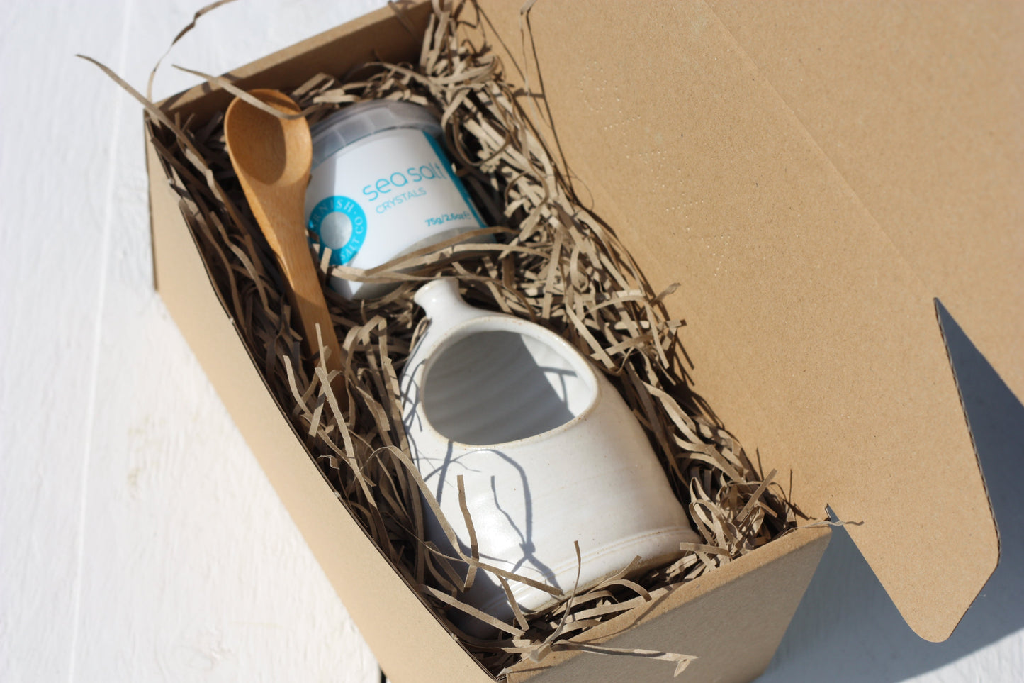Small Salt Pig Gift Set in White with Pale Blue stripe with Cornish Sea Salt Pot and Bamboo Spoon