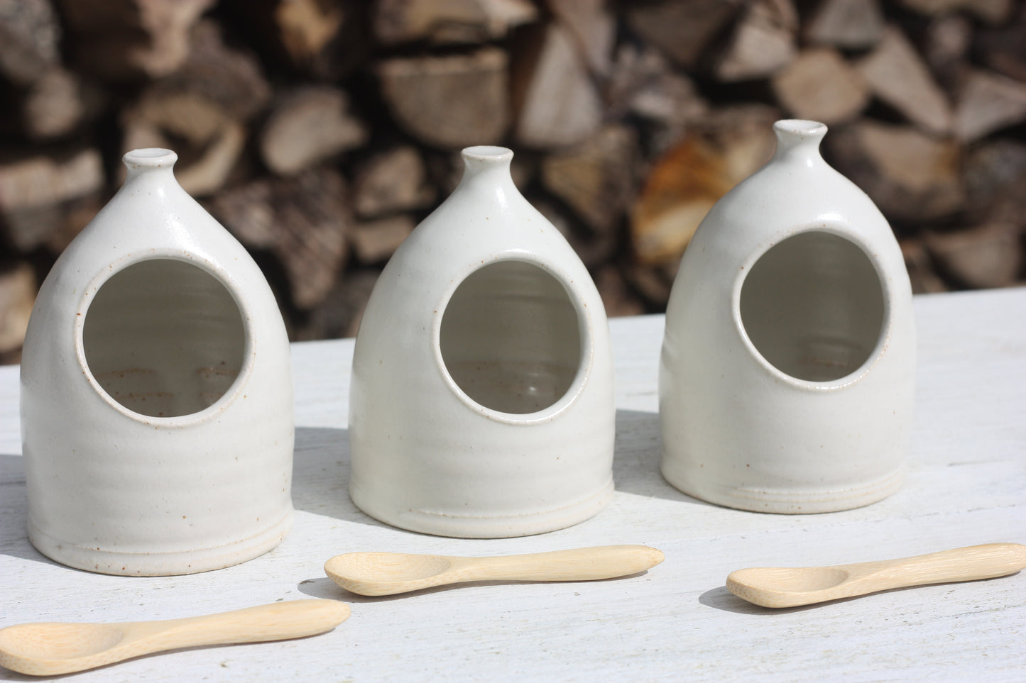 Tiny White Salt Pig and Bamboo Spoon