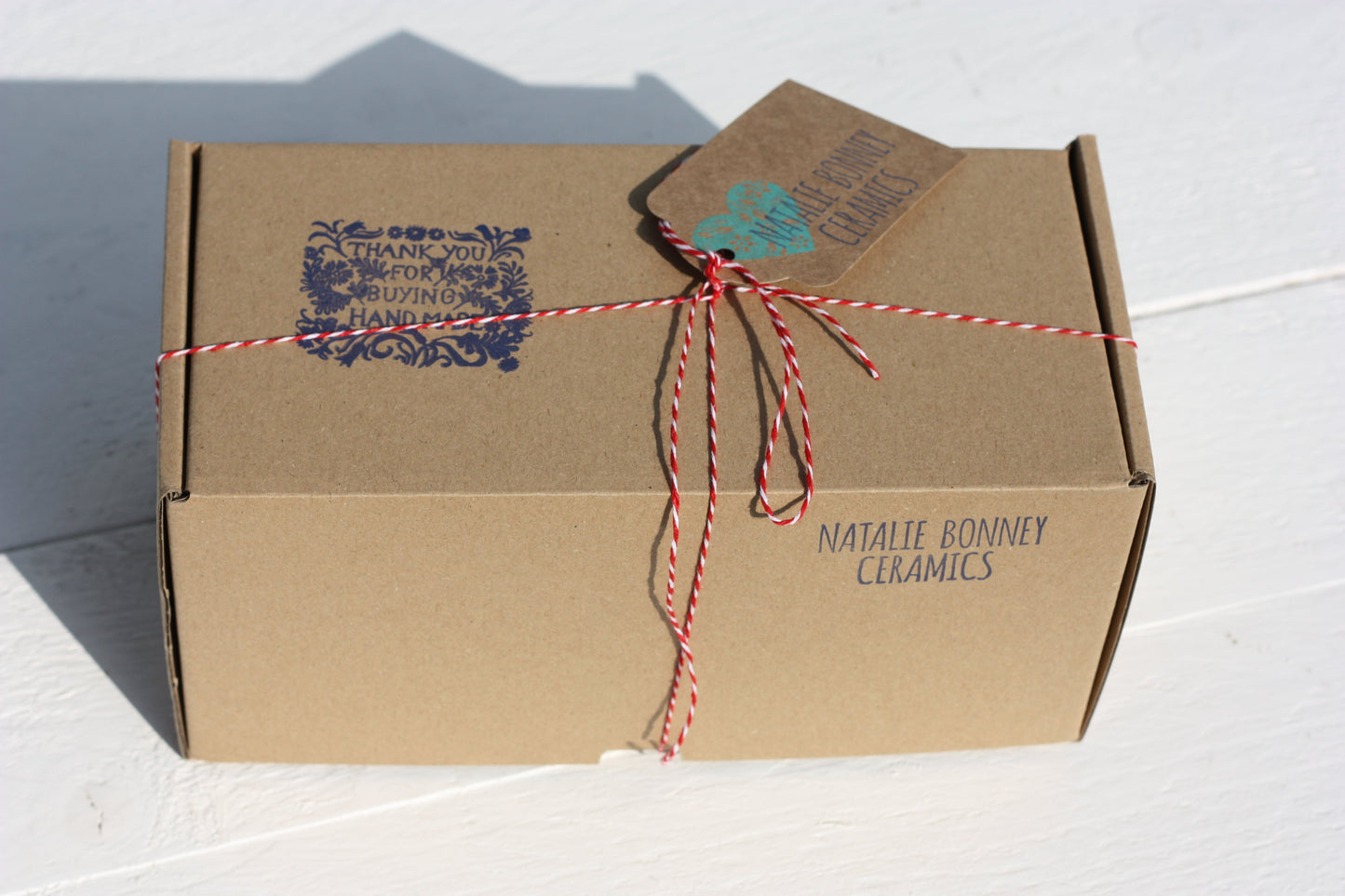 Small Salt Pig Gift Set in White with Pale Blue stripe with Cornish Sea Salt Pot and Bamboo Spoon