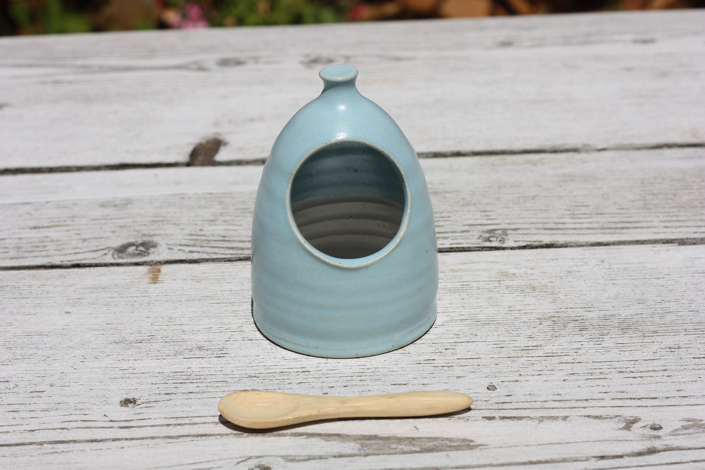 Tiny Blue Salt Pig and Bamboo Spoon