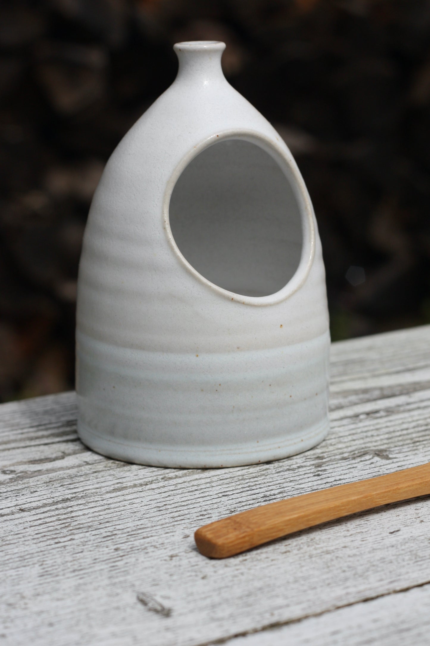 Small Salt Pig Gift Set in White with Pale Blue stripe with Cornish Sea Salt Pot and Bamboo Spoon