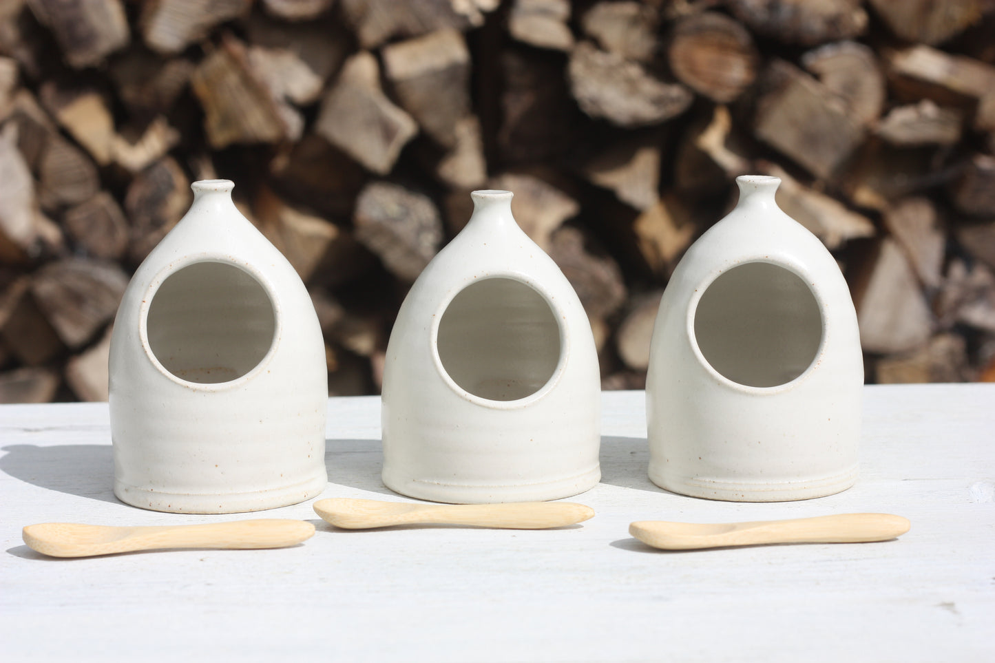 Tiny White Salt Pig and Bamboo Spoon