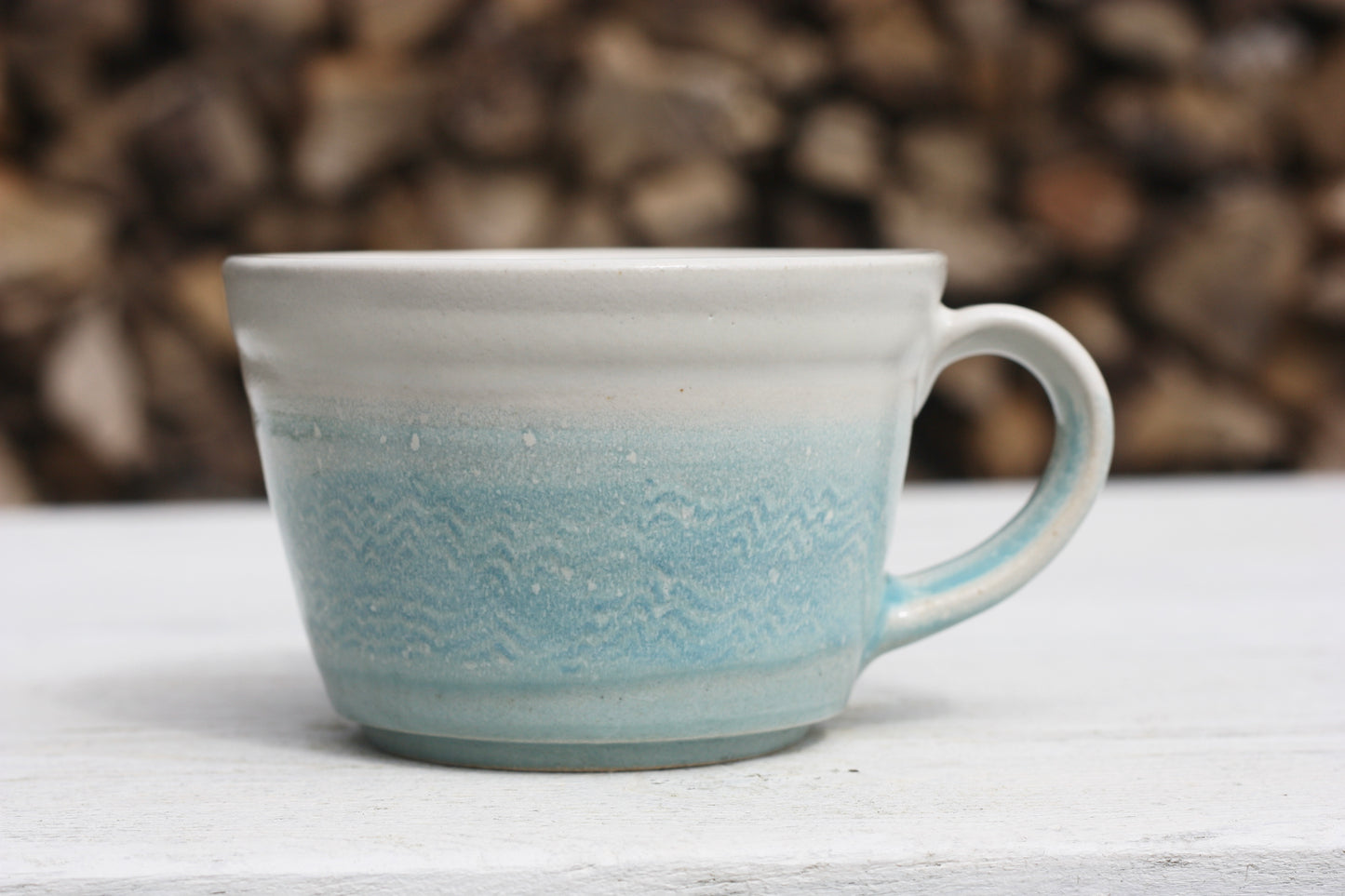 Cornish waves glazed Mug 12oz 350ml Medium Mug in Blue and White Glaze