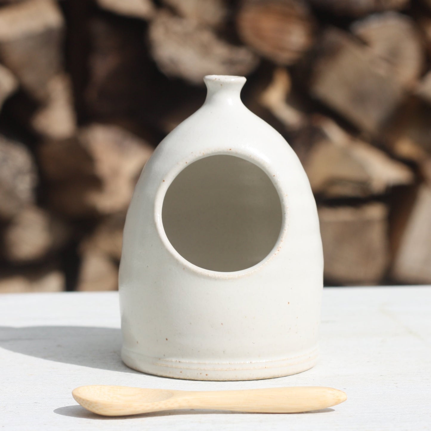 Tiny White Salt Pig and Bamboo Spoon