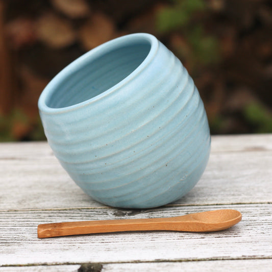 Speckly Turquoise Salt Pig and Bamboo Spoon