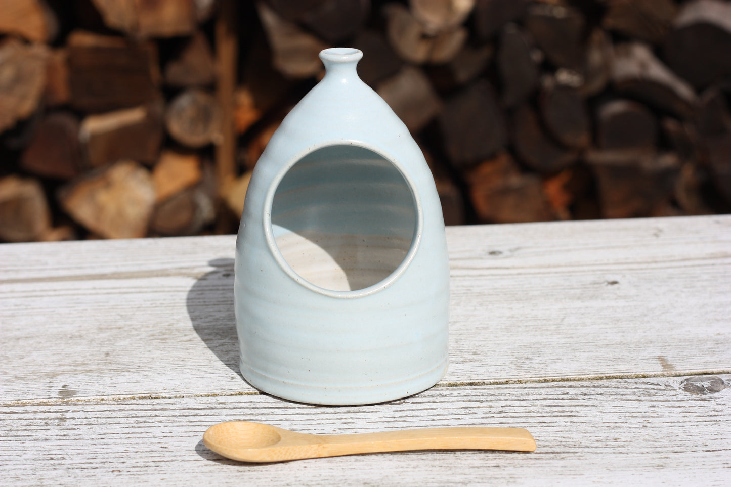 Blue Largish Salt Pig and Bamboo Spoon