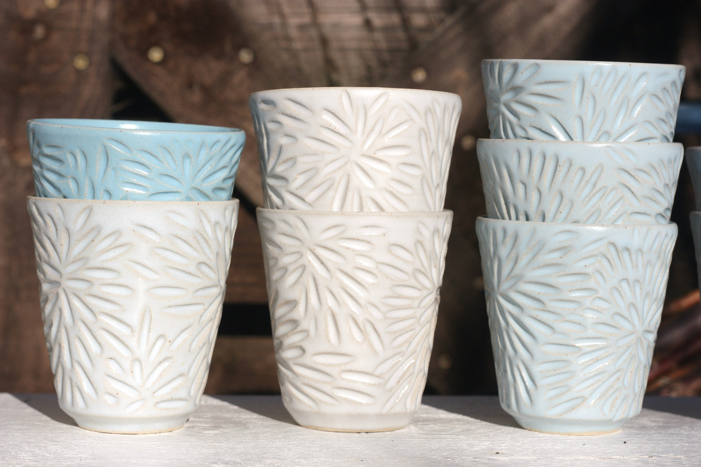 350ml 12 oz Carved Pottery Latte Cup Handle free Mug handmade stacking ceramic cup beaker tumbler