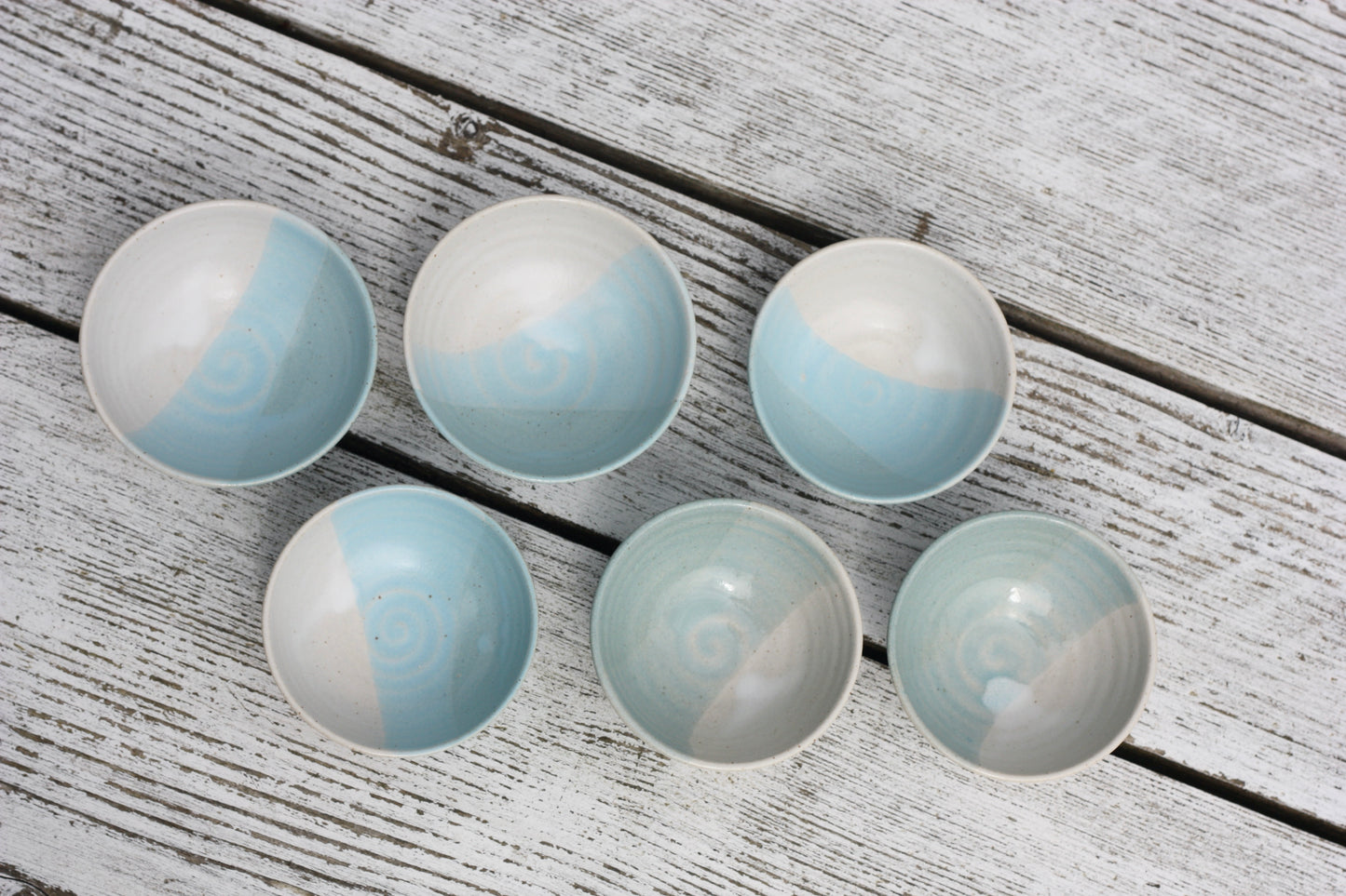 Mini Pinch Pots Three colour striped Dishes in White Blue and Soft Blue glazes