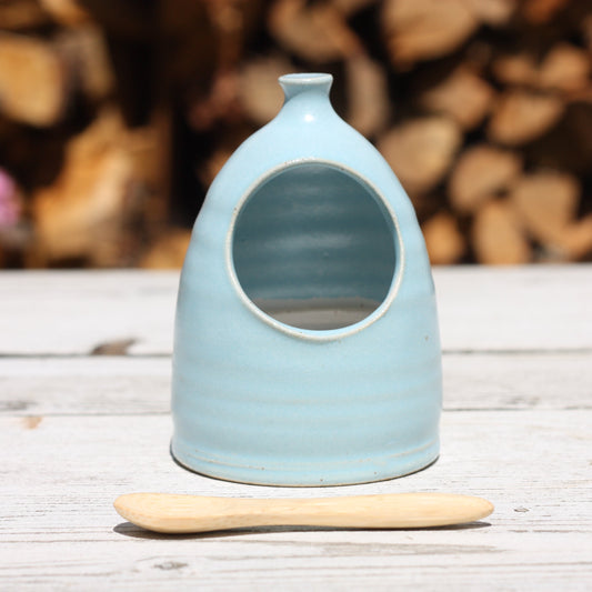 Tiny Blue Salt Pig and Bamboo Spoon