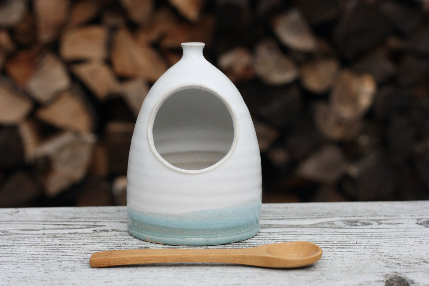 Small Salt Pig Gift Set in White with Pale Blue stripe with Cornish Sea Salt Pot and Bamboo Spoon