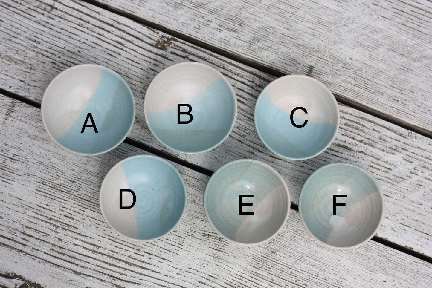 Mini Pinch Pots Three colour striped Dishes in White Blue and Soft Blue glazes