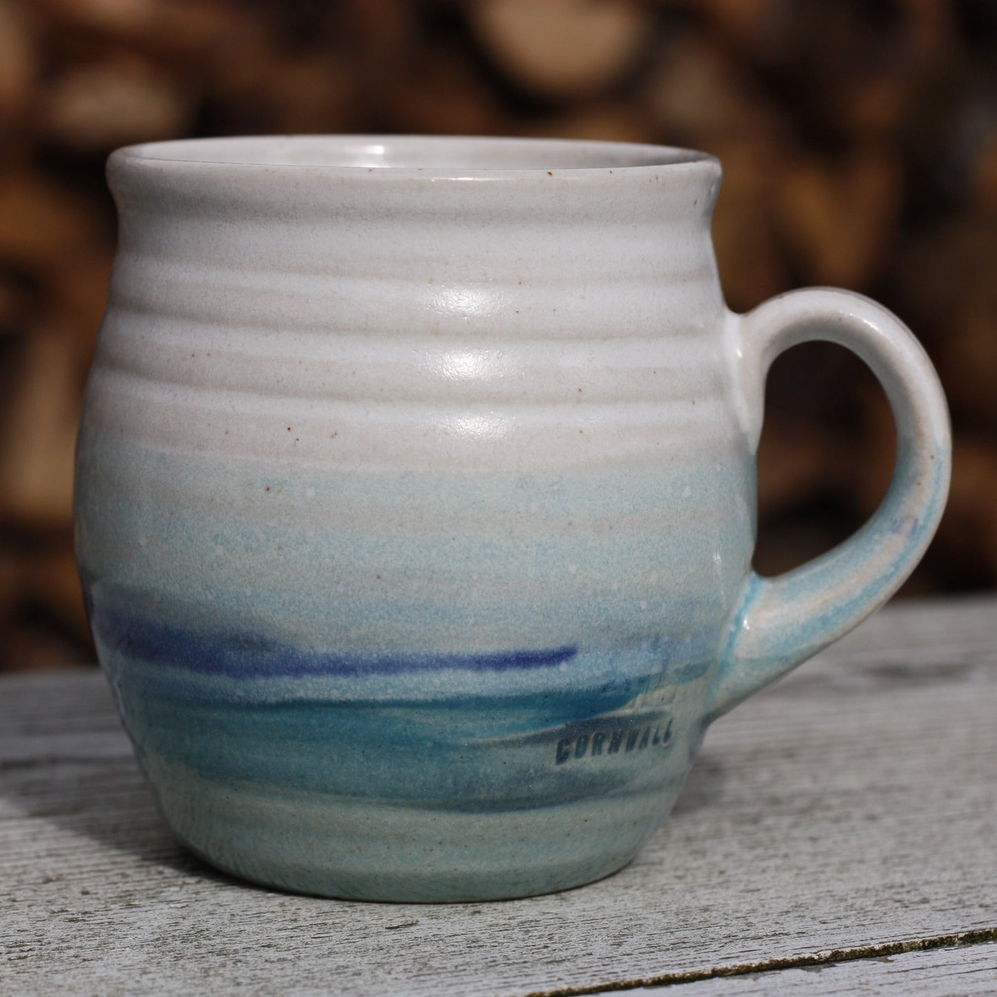 Cornish Seascape glazed Mug 12oz 350ml Medium Mug in Blue and White Glaze