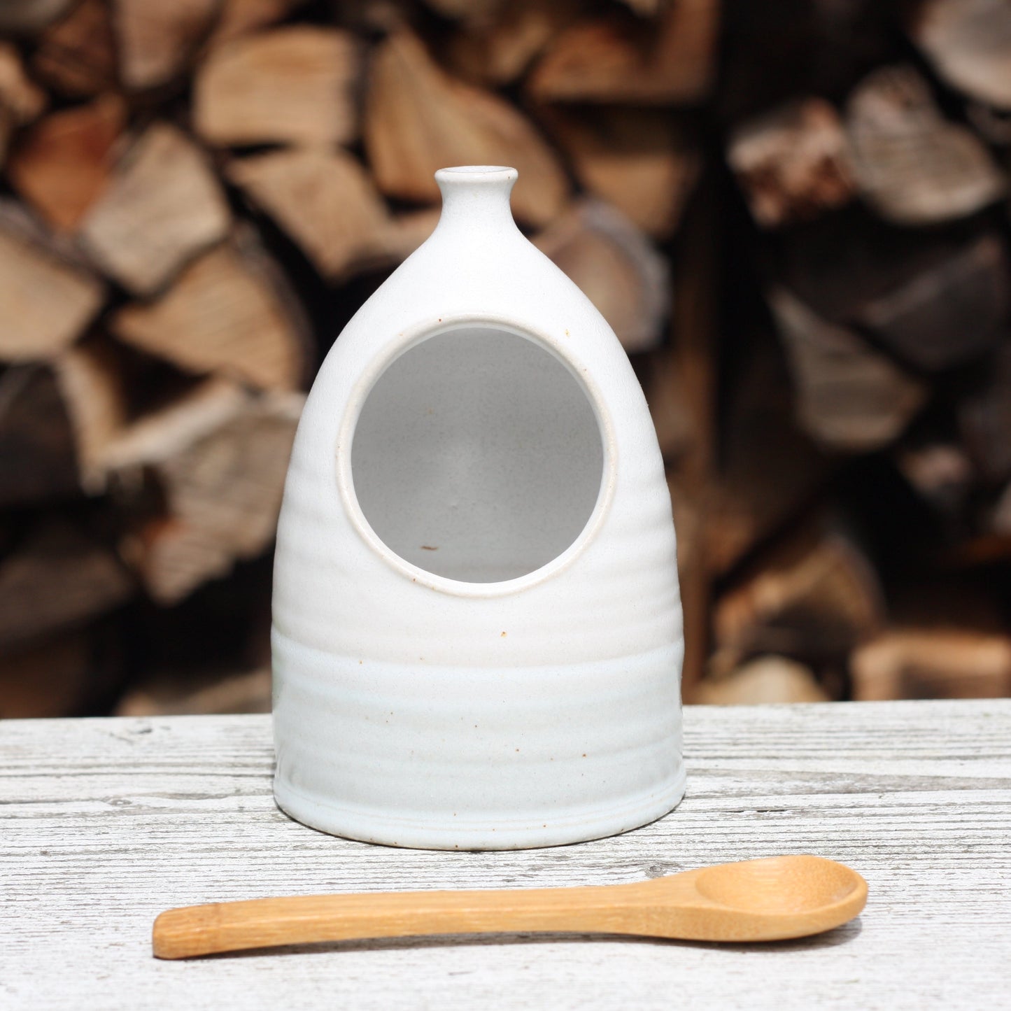 Small Salt Pig Gift Set in White with Pale Blue stripe with Cornish Sea Salt Pot and Bamboo Spoon
