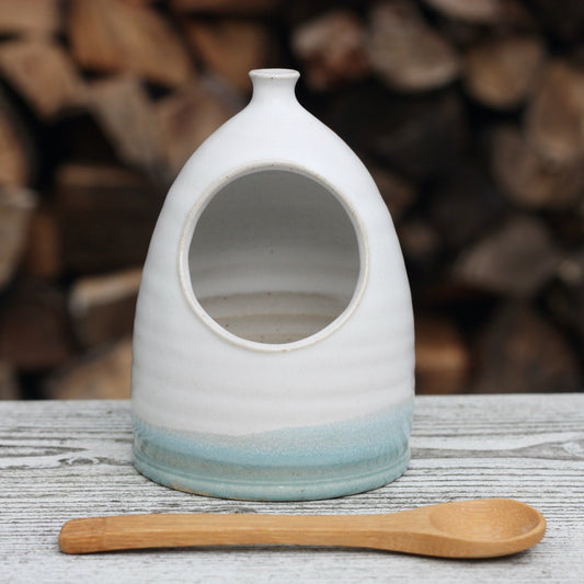 Small Salt Pig Gift Set in White with Pale Blue stripe with Cornish Sea Salt Pot and Bamboo Spoon