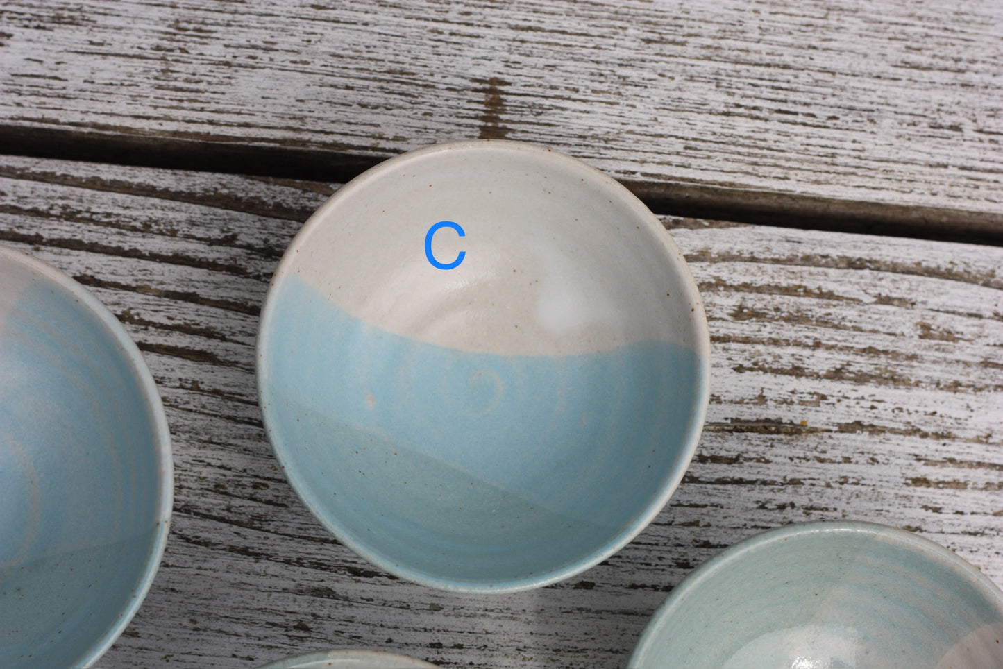 Mini Pinch Pots Three colour striped Dishes in White Blue and Soft Blue glazes