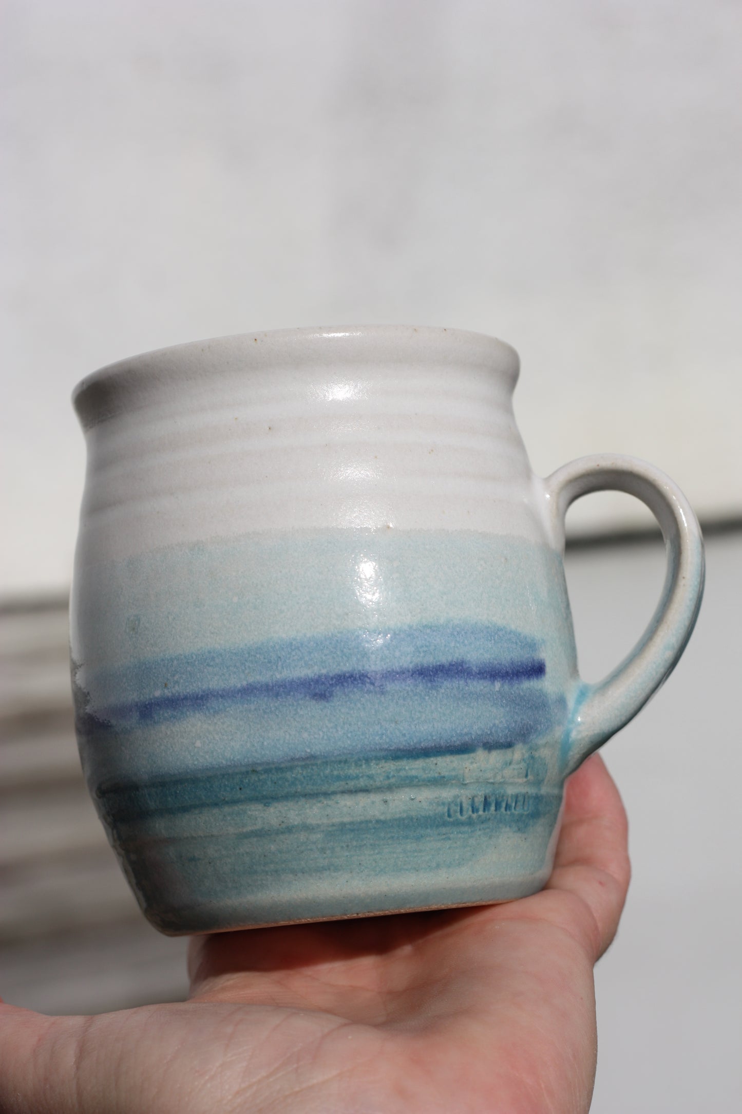 Cornish Seascape glazed Mug 14oz 400ml Large Mug in Blue and White Glaze