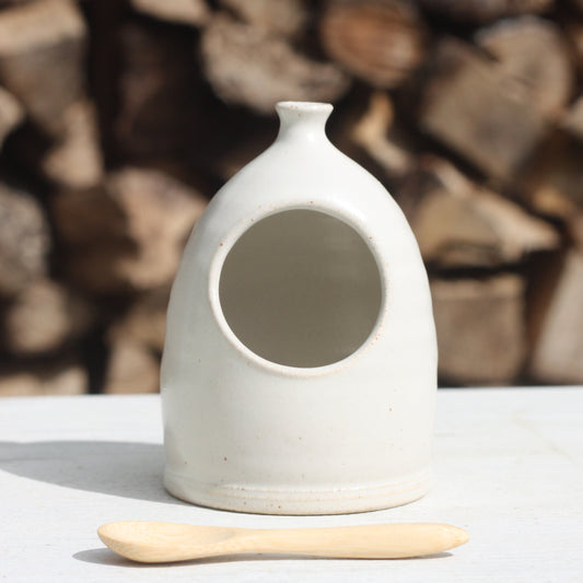 Tiny White Salt Pig and Bamboo Spoon