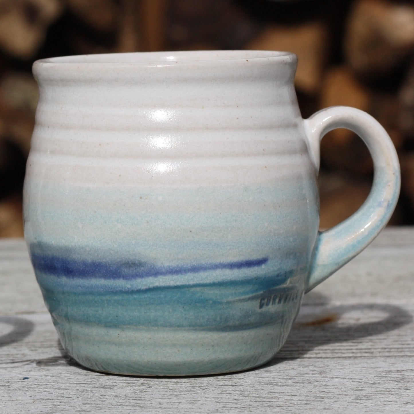 Cornish Seascape glazed Mug 12oz 350ml Medium Mug in Blue and White Glaze