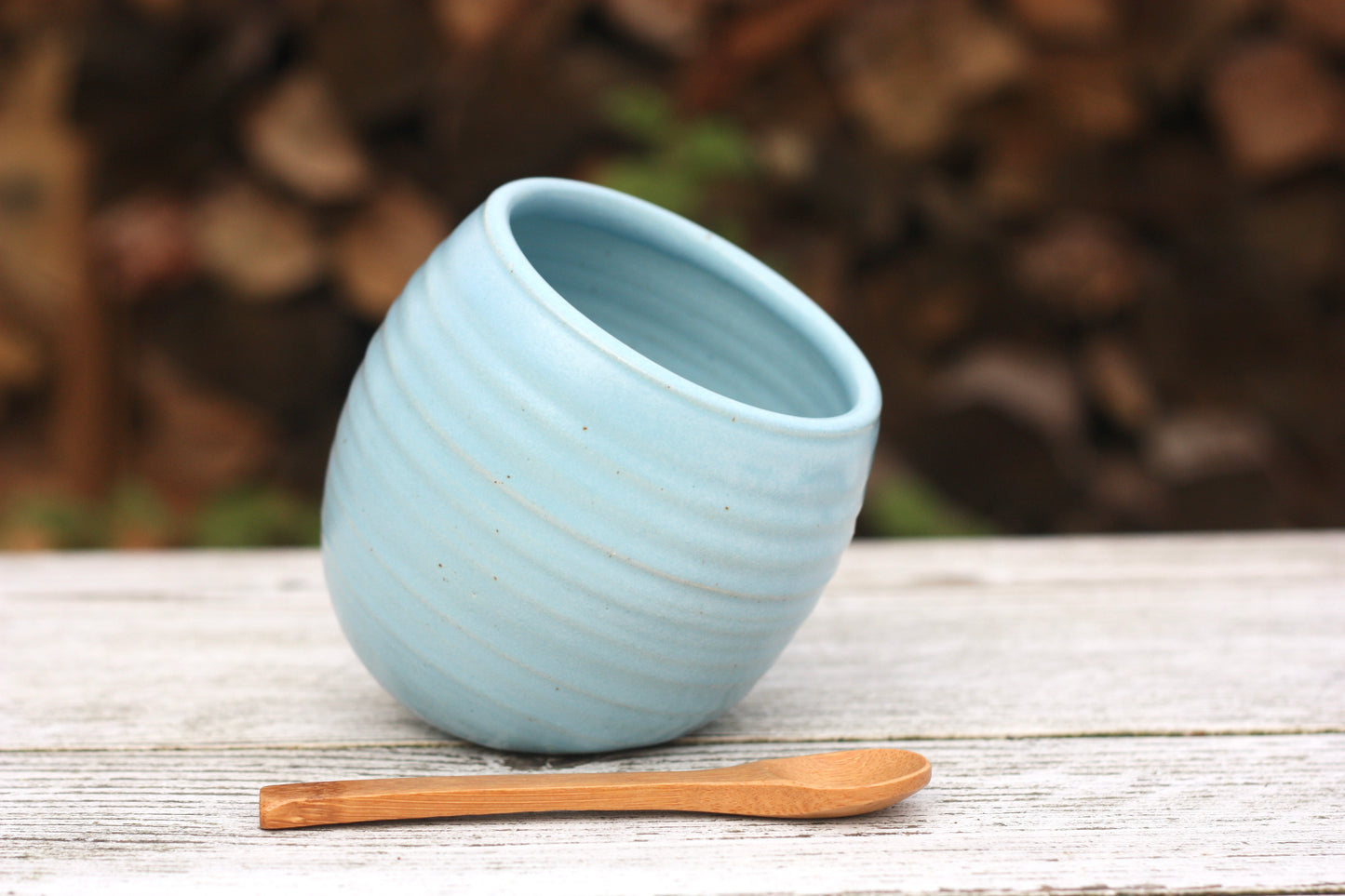 Speckly Turquoise Salt Pig and Bamboo Spoon