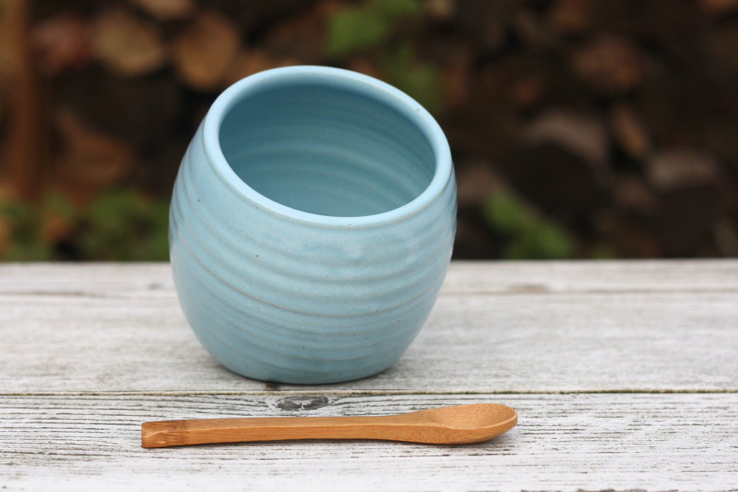 Speckly Turquoise Salt Pig and Bamboo Spoon