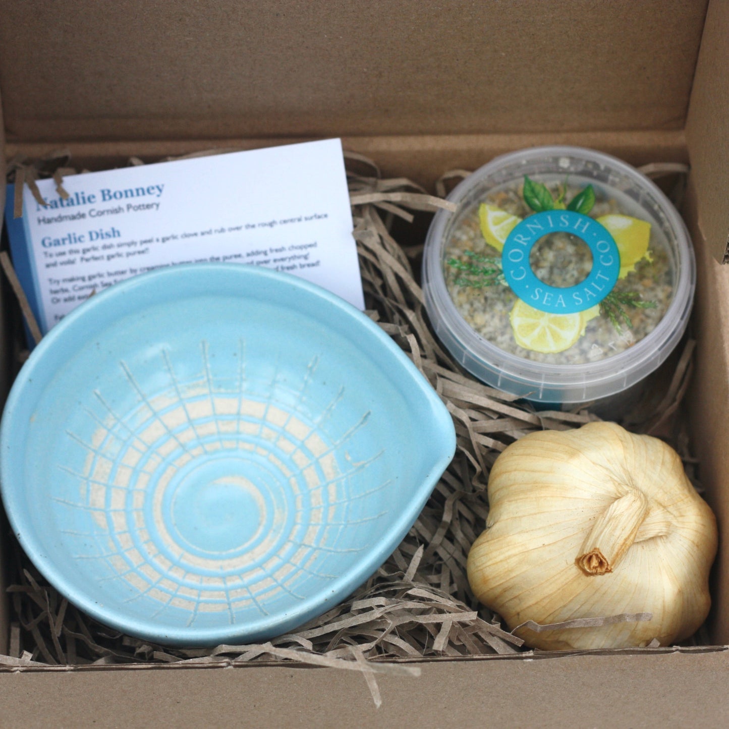 Blue Garlic Dish Set with Lemon & Thyme Cornish Sea Salt and Smoked Garlic Bulb